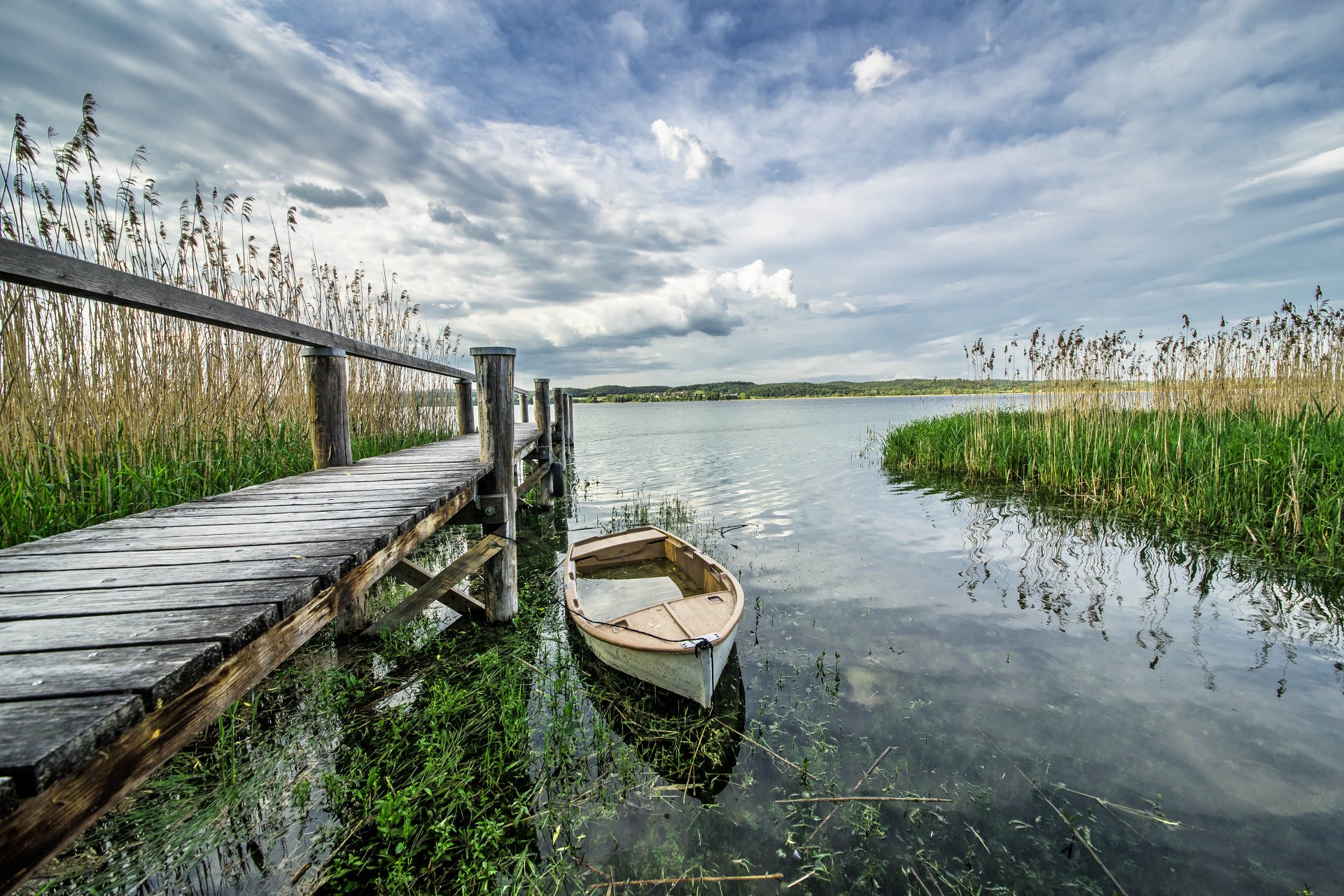 Holzsteg mit Ruderboot im Schilf am Bodensee unter bewölktem Himmel