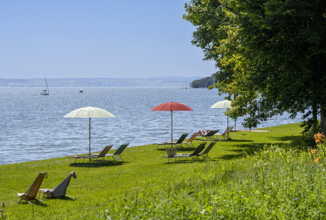 Bodenseeufer mit Sonnenschirmen und Sonnenliegen – Seegut Zeppelin 